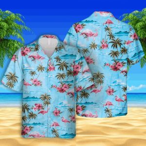 Pink Flamingo Blue Trendy Hawaiian Shirt, Sea Lovers, Beach T-Shirt