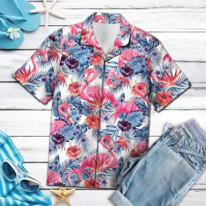 Pink Flamingo With Red Hibiscus In White Trendy Hawaiian Shirt
