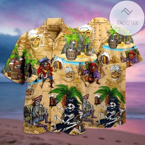 Pirate Themed Hawaiian Shirt Highlighting Their Love For Chilled Beer