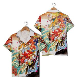 Pokemon Characters Waves Clouds Hawaiian Shirt, Gyarados Pikachu Dragonair Button Up KLA Summer Shirt