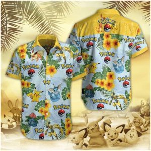 Pokemon Hawaiian Shirt Pikachu Eevee Flower Yellow Hawaii KLA Shirt