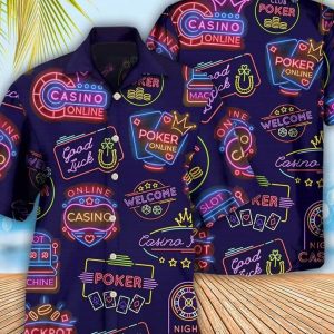 Poker Neon Casino Art – Trendy Hawaiian Shirt, Tropical Beach Shirt Button Down Shirt, Funny Trendy Hawaiian Shirt, Best Gifts For Men, Hawaiian Set Gift.