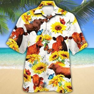 Red Angus Beach Shirt White, Cow Trendy Hawaiian Shirt For Summer Gifts