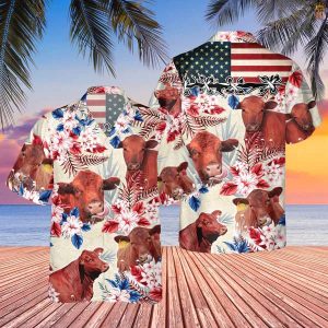 Red Angus Cattle American Flag Flowers Trendy Hawaiian Shirt, Farm Cow Trendy Hawaiian Shirt For Men And Women