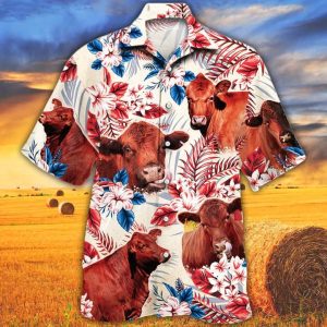 Red Angus Cattle Lovers American Flag Trendy Hawaiian Shirt, Cow KLA Trendy Hawaiian Shirt