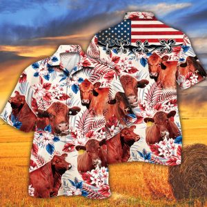Red Angus Cattle Lovers American Flag Trendy Hawaiian Shirt, Cow Trendy Hawaiian Shirt For Summer Gifts