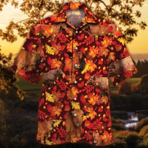 Red Angus Cattle Lovers Autumn Red Leaves Trendy Hawaiian Shirt, Cow Trendy Hawaiian Shirt For Summer Gifts