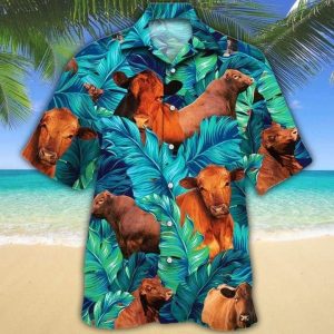 Red Angus Cattle Lovers Sunflower Beach Shirt Green, Cow Trendy Hawaiian Shirt For Summer Gifts