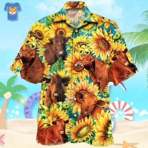 Red Angus Cattle Lovers Sunflower Watercolor Cow Hawaiian Shirt