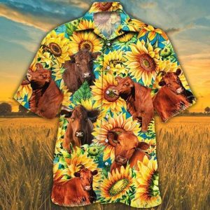 Red Angus Cattle Lovers Sunflower Watercolor Trendy Hawaiian Shirt, Cow Trendy Hawaiian Shirt For Summer Gifts