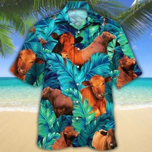 Red Angus Cattle Lovers Tropical Green Trendy Hawaiian Shirt, Cow Trendy Hawaiian Shirt For Summer Gifts
