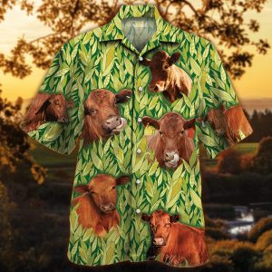 Red Angus Cow Lovers Hawaiian Shirt with Corn Pattern