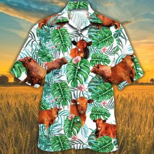 Red Angus Tropical Plant Trendy Hawaiian Shirt, Cow Trendy Hawaiian Shirt, Trendy Hawaiian Shirts For Men, Women