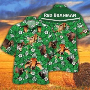 Red Brahman Cattle Hawaiian Shirt with Green Floral for Cow Lovers