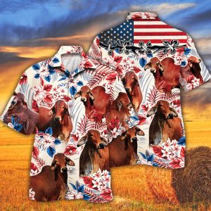 Red Brahman Cattle Lovers American Flag Trendy Hawaiian Shirt, Cow Trendy Hawaiian Shirt For Summer Gifts
