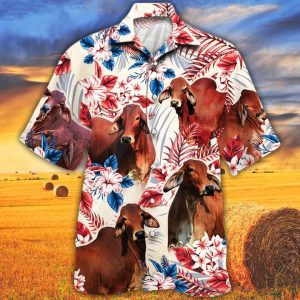Red Brahman Cattle Lovers American Flag Trendy Hawaiian Shirt, Cow Trendy Hawaiian Shirt Vintage Flower, Trendy Hawaiian Shirt Men, Trendy Hawaiian Shirt Women
