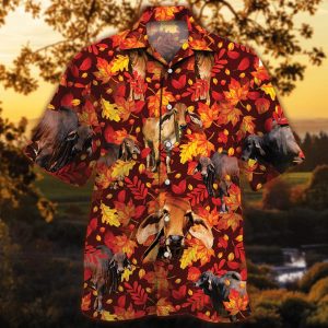 Red Brahman Cattle Lovers Autumn Red Leaves Trendy Hawaiian Shirt, Cow Trendy Hawaiian Shirt For Summer Gifts