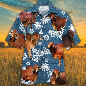Red Brahman Cattle Lovers Blue Tribal Pattern Trendy Hawaiian Shirt, Cow Trendy Hawaiian Shirt For Summer Gifts