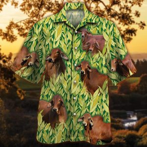Red Brahman Cattle Lovers Corn Pattern Trendy Hawaiian Shirt, Cow Trendy Hawaiian Shirt For Summer Gifts