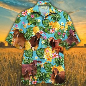 Red Brahman Cattle Lovers Pineapple Trendy Hawaiian Shirt, Cow Trendy Hawaiian Shirt For Summer Gifts