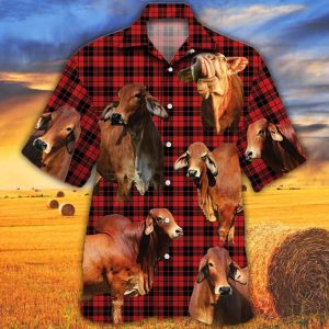 Red Brahman Cattle Lovers Red Tartan Pattern Trendy Hawaiian Shirt, Cow Trendy Hawaiian Shirt For Summer Gifts
