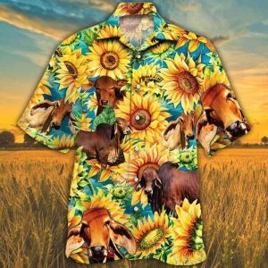 Red Brahman Cattle Lovers Sunflower Watercolor Trendy Hawaiian Shirt, Cow Trendy Hawaiian Shirt For Summer Gifts