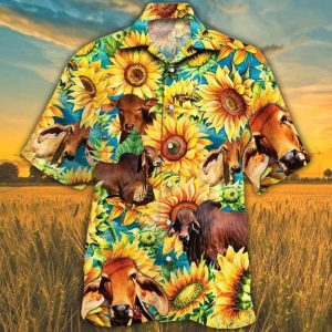 Red Brahman Trendy Hawaiian Shirt For Men, Women, Cow Cattle Lovers Sunflower Watercolor Trendy Hawaiian Shirt