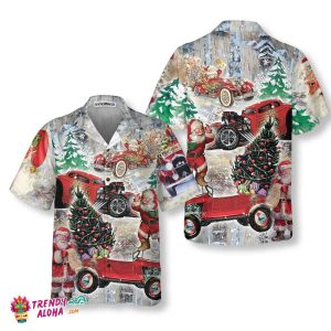 Santa Claus & His Hot Rod On Christmas Hawaiian Shirt, Funny Santa Hawaiian Shirt For Men