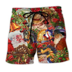Santa Cowboy Merry Christmas Red Style Trendy KLA Hawaiian Beach Shorts