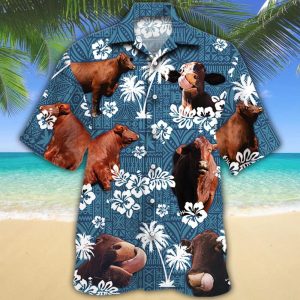 Santa Gertrudis Cattle Lovers Blue Tribal Pattern Trendy Hawaiian Shirt, Cow Trendy Hawaiian Shirt For Summer Gifts