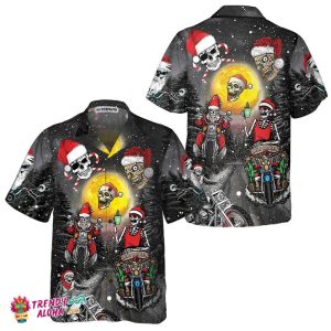Santa Skeleton Merry Christmas Hawaiian Shirt, Funny Motorcycle Skull Biker Christmas Shirt, Gift For Christmas
