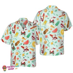 Santa Surfing 2 Pattern Hawaiian Shirt, Christmas Shirts Short Sleeve Button Down Shirt For Men And Women