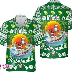 Santa Surfing Mele Kalikimaka Christmas Hawaiian Beach Shirt