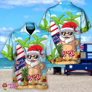 Santa’s Surfing Adventure Tropical Christmas in July Hawaiian Shirt