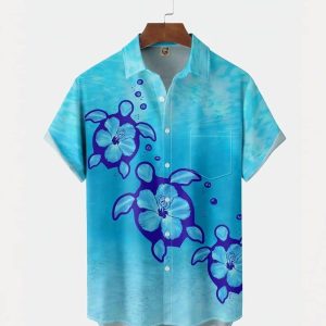 Sea Turtle Chest Pocket Short Sleeve Trendy Hawaiian Shirt, KLA Tropical Hawaii Shirt, Gift For Family, Hawaiian Set Gift, Funny Trendy Hawaiian Shirt.