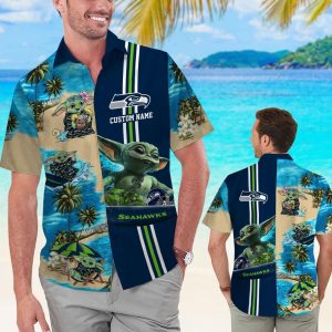 Seattle Seahawks Baby Yoda Name Personalized Short Sleeve Button Up Tropical Hawaiian Shirt