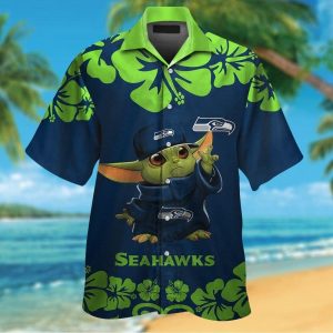 Seattle Seahawks Baby Yoda Short Sleeve Button Up Tropical Hawaiian Shirt