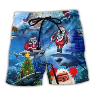 Shark Love Santa America Merry Christmas Trendy KLA Hawaiian Beach Shorts
