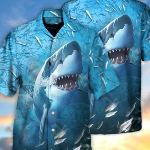 Shark Swims Through Baitfish Shoal – Trendy Hawaiian Shirt, Vintage Trendy Hawaiian Shirt, Gift For Summer, Gifts For Bachelor Party, Hawaiian Set Gift.
