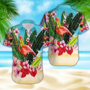 Shirts Flamingo Flowers Trendy Hawaiian Shirt, Unisex Print KLA Short Sleeve Casual Shirt Summer Gifts