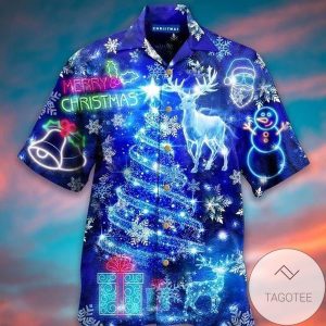 Shop Blue Merry Christmas Light Deer And Christmas Tree Hawaiian Shirts