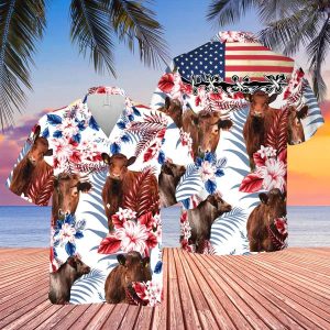 Shorthorn Cattle American Flag Trendy Hawaiian Shirt, Farm Cow Trendy Hawaiian Shirt For Men And Women