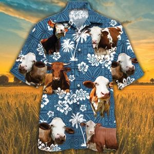 Simmental Cattle Lovers Blue Tribal Pattern Trendy Hawaiian Shirt, Cow Trendy Hawaiian Shirt For Summer Gifts