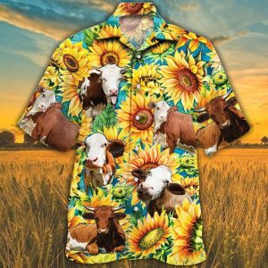 Simmental Cattle Lovers Sunflower Watercolor Trendy Hawaiian Shirt, Cow Trendy Hawaiian Shirt For Summer Gifts