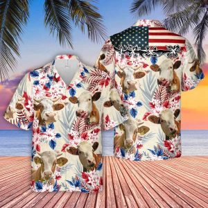 Simmental Pattern Us Flag Trendy Hawaiian Shirt, Farm Cow Trendy Hawaiian Shirt For Men And Women