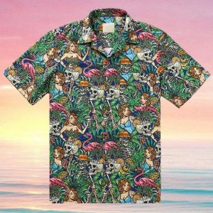 Skeleton Flamingo Print Pocket Short Sleeve Hawaiian Shirt