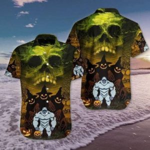 Skull Bigfoot Halloween Trendy Hawaiian Shirt, Unisex Print KLA Short Sleeve Casual Shirt