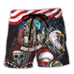 Skull Christmas Us Flag Skeleton And Eagle Xmas Vibe Trendy KLA Hawaiian Beach Shorts