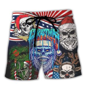 Skull Christmas Us Flag Skeleton Horror Merry Christmas Trendy KLA Hawaiian Beach Shorts