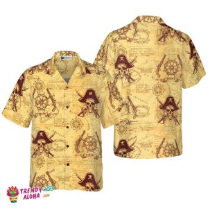 Skull Pirates Of The Ancient Sea Map Hawaiian Shirt
